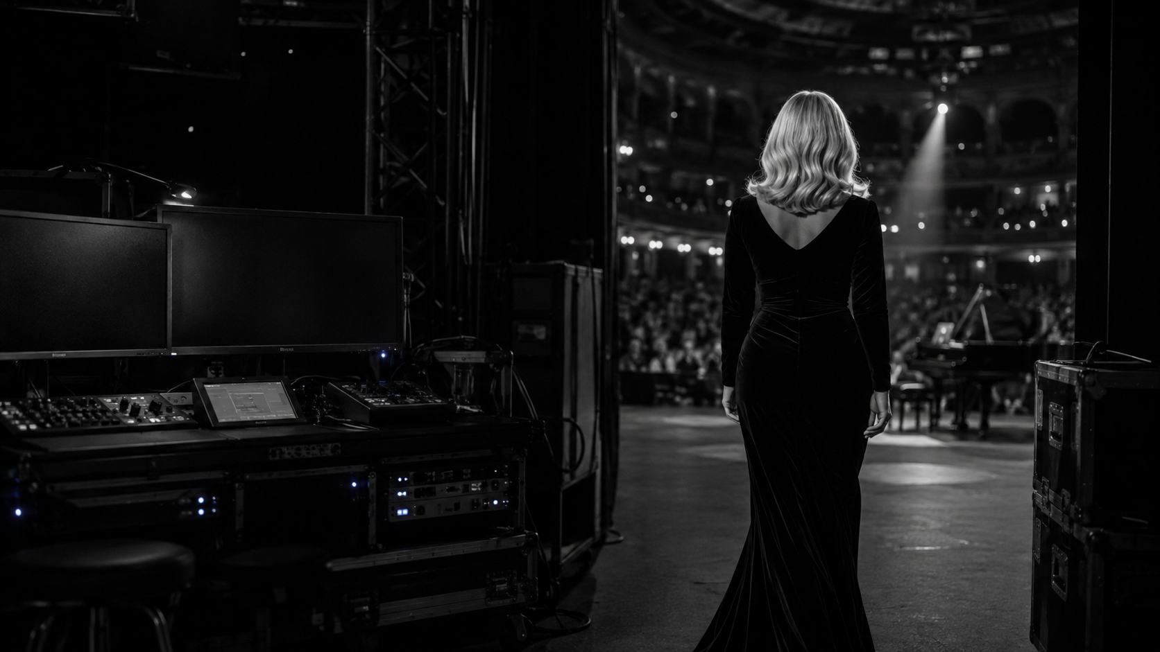 Adell waits backstage beside the systems for a live performance.