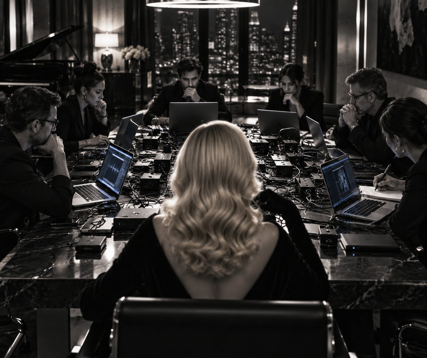 A woman and a group of engineers sit around a table covered in audio equipment.