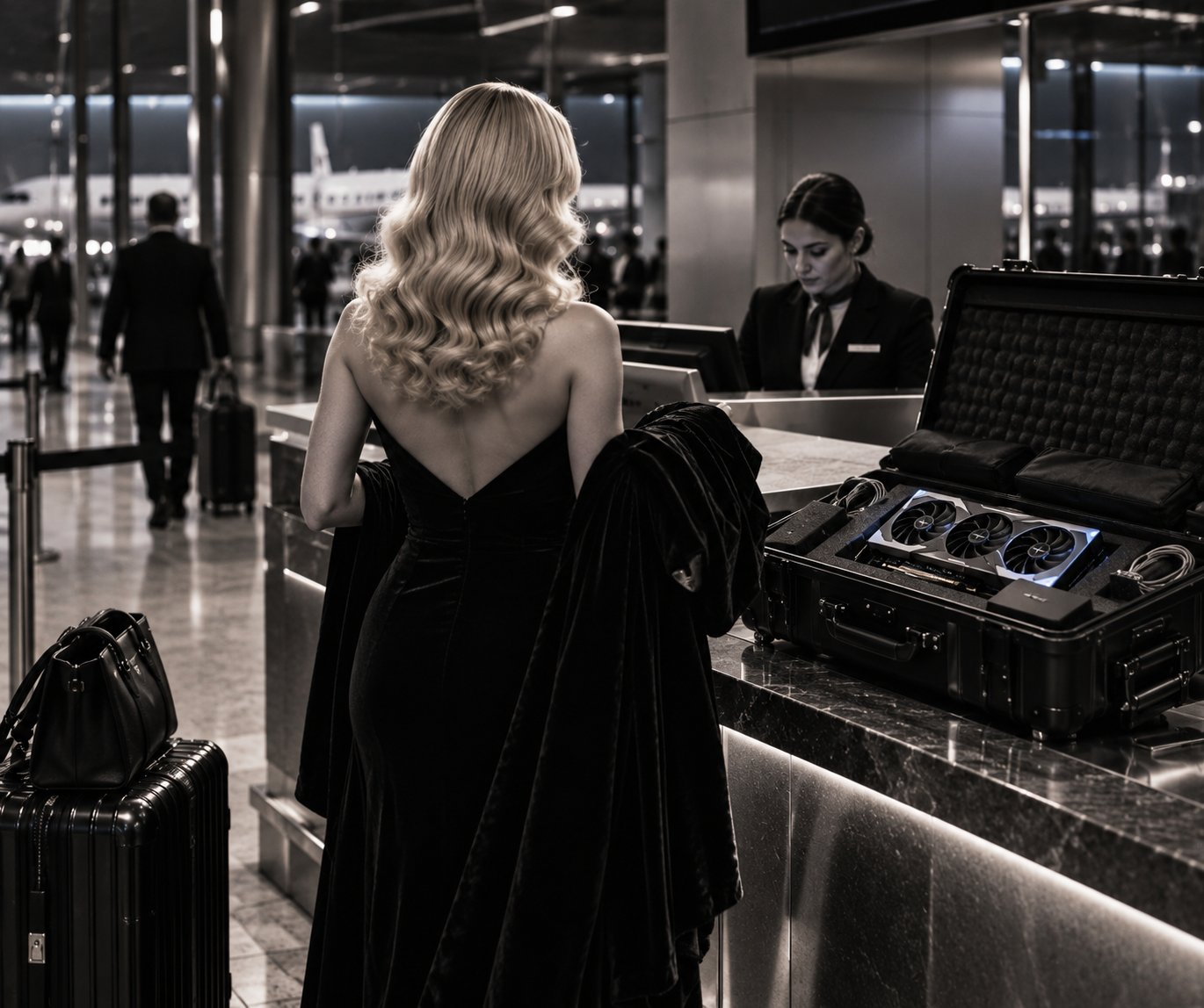 A woman at an airport check-in desk stands beside luggage and a hard case with computer equipment.