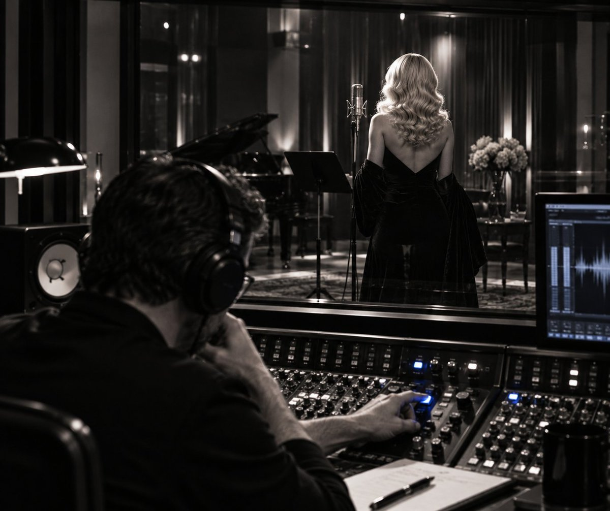An engineer at a studio console watches a woman stand at a microphone.