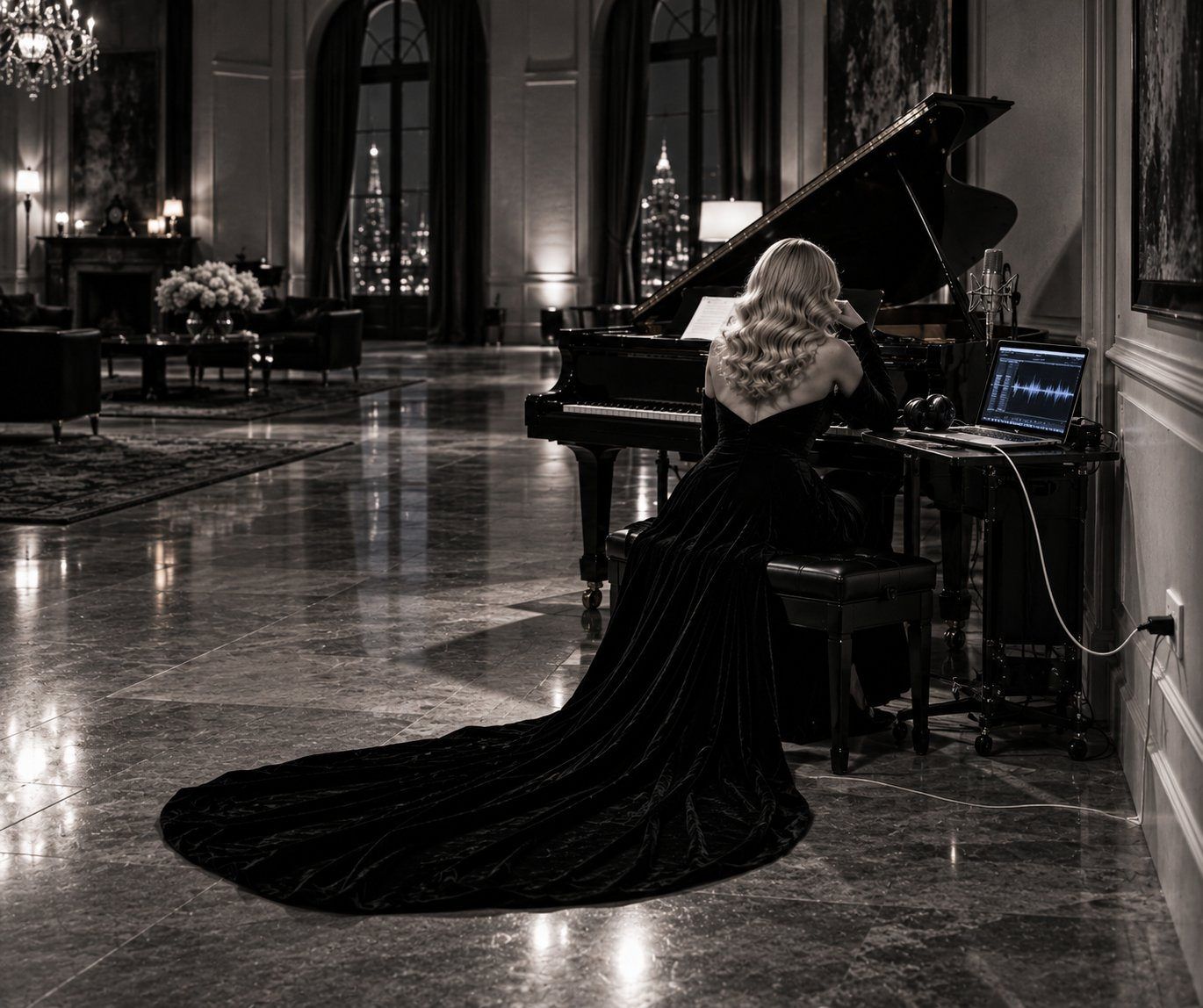 A woman sits at a grand piano beside a laptop connected to a wall outlet by a charging cable.