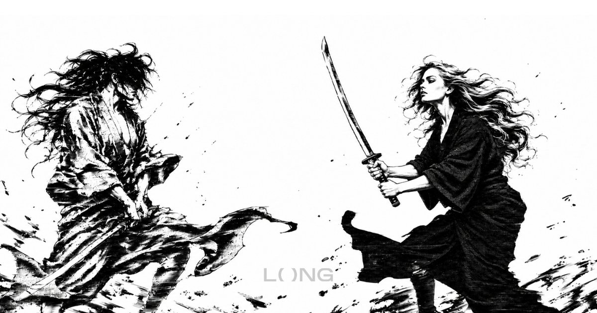 Two sword-wielding figures face each other in a black-and-white scene.