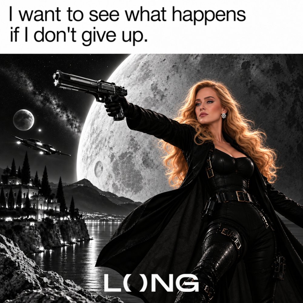 A woman in a black space suit aims toward the moon beneath the words, “I want to see what happens if I don’t give up.”