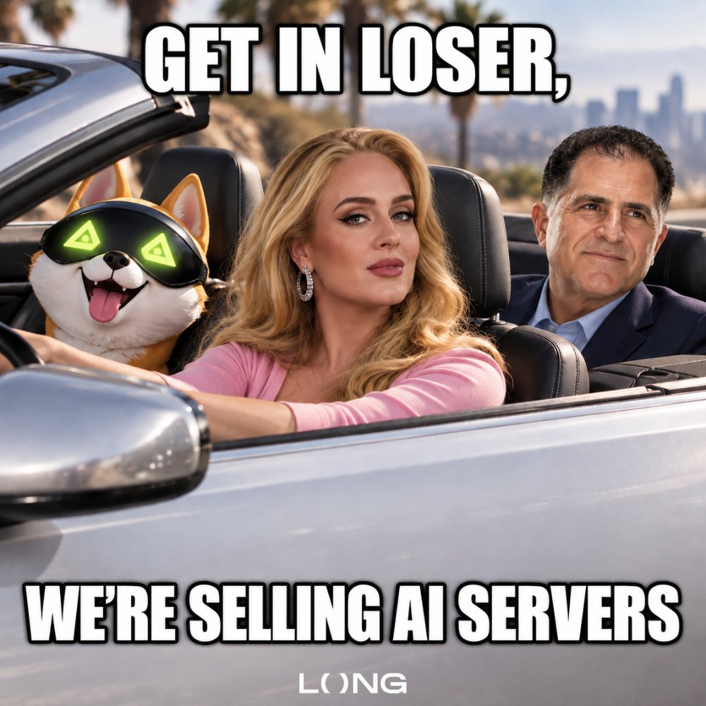 A woman, a man, and a cat ride in a convertible. The image says, “Get in loser, we’re selling AI servers.”