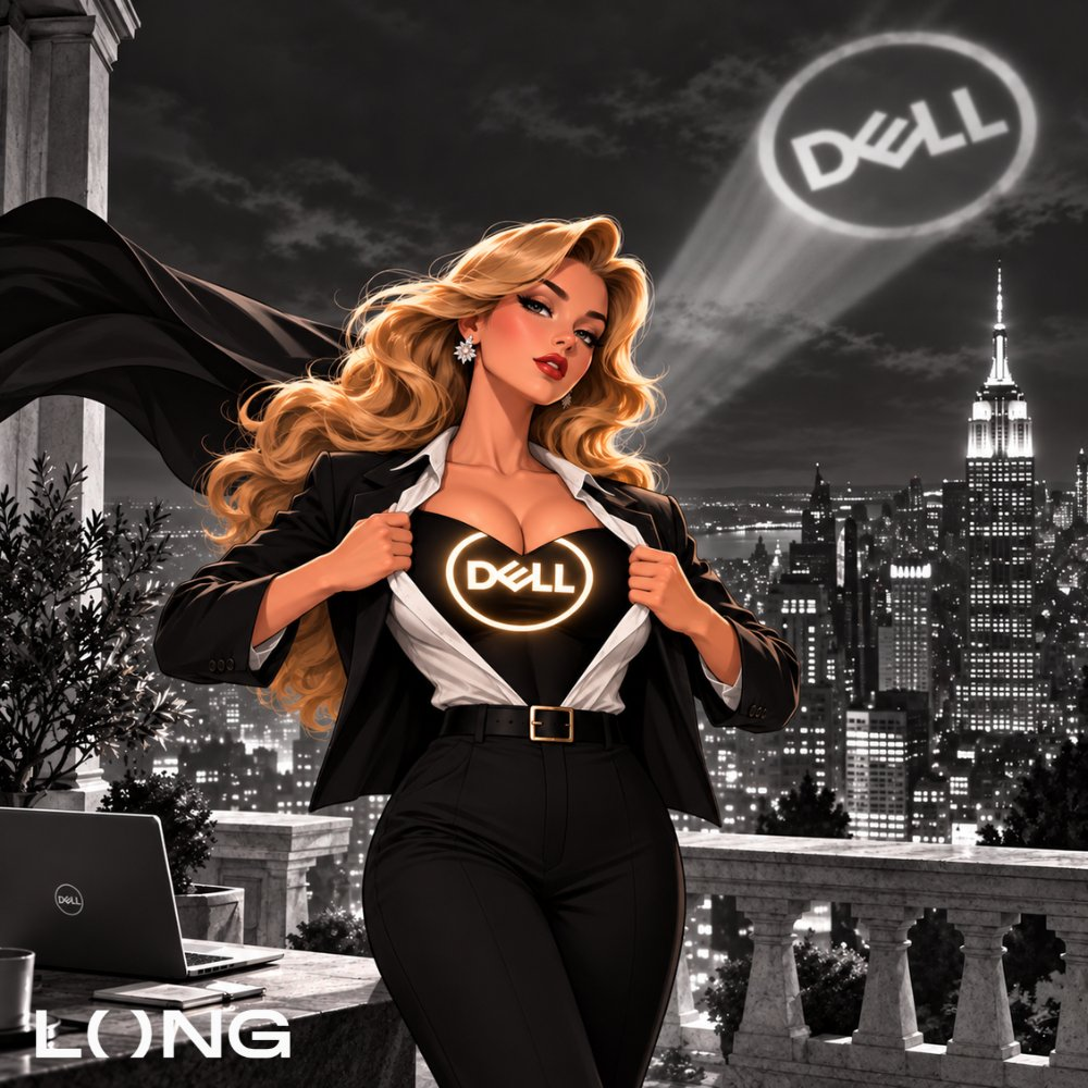 A woman opens her jacket to show a glowing Dell logo against a city skyline.