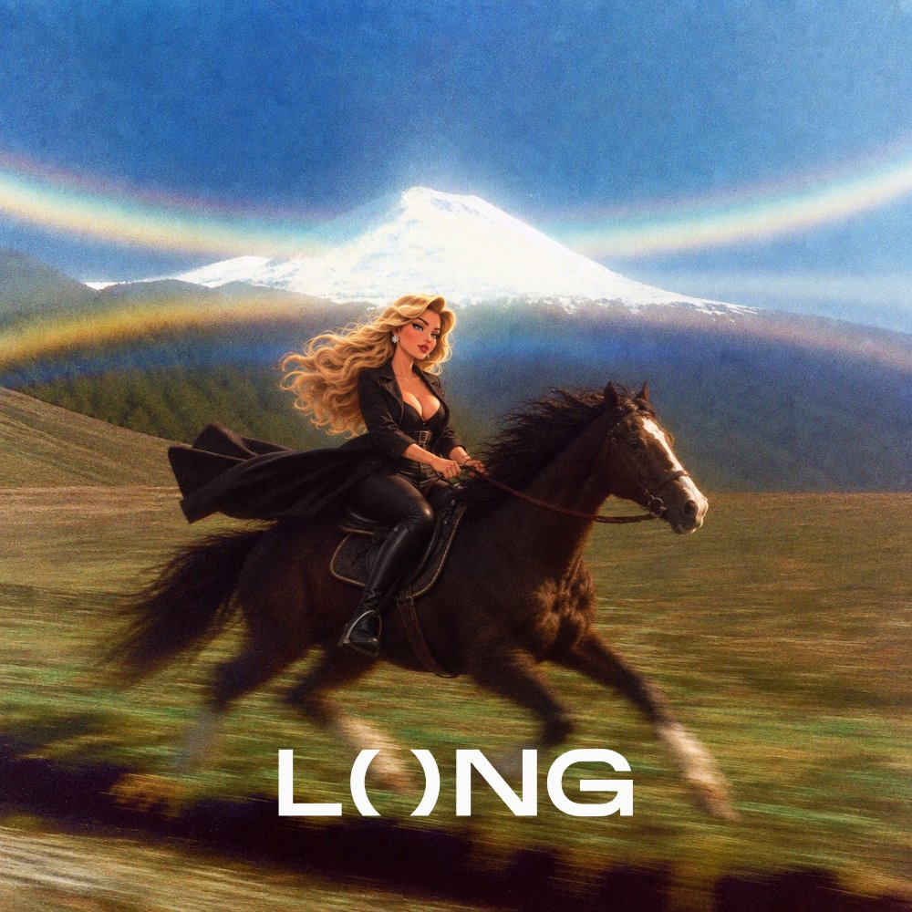 A woman rides a dark horse across an open field beneath a rainbow.