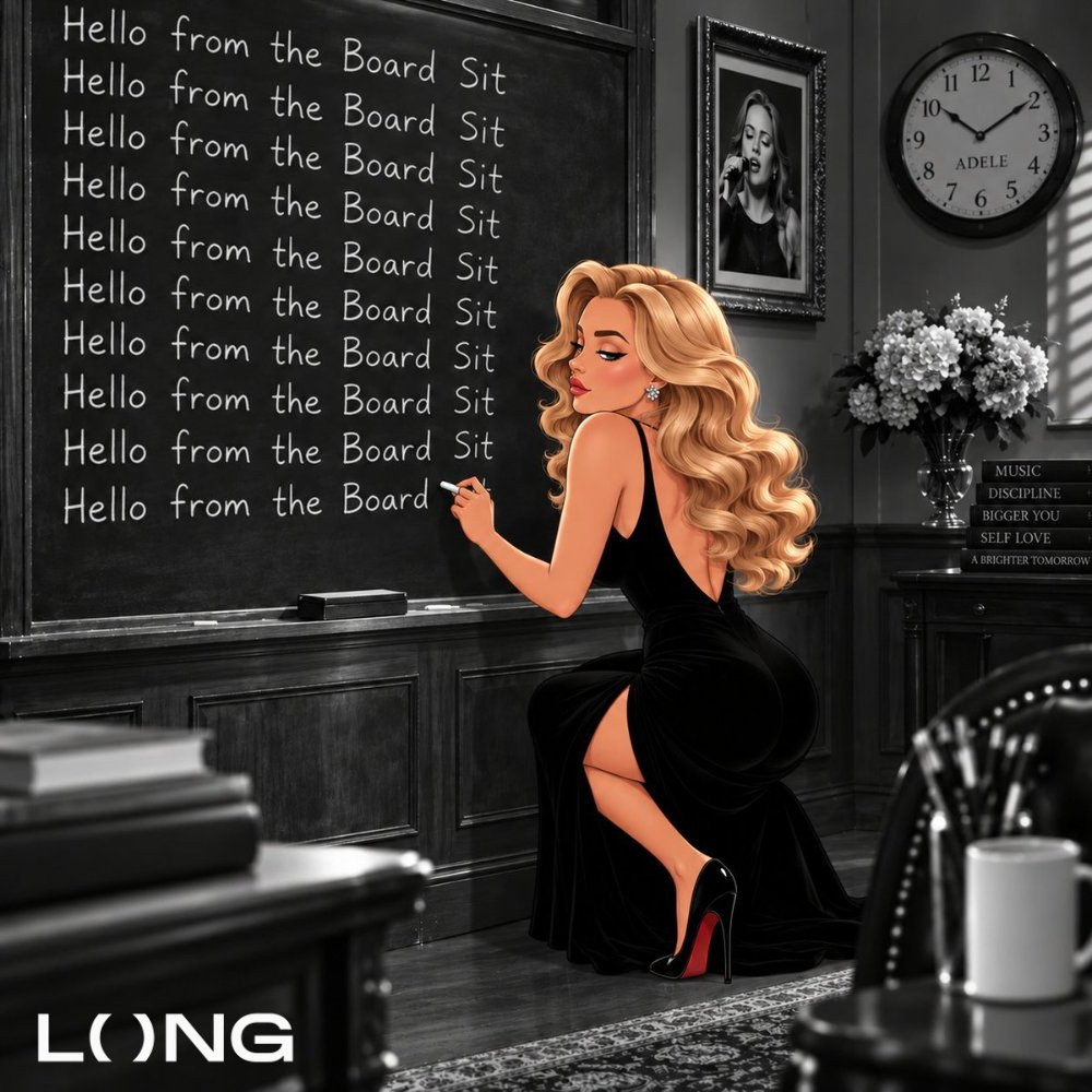 A woman writes “Hello from the Board Sit” on a classroom chalkboard.
