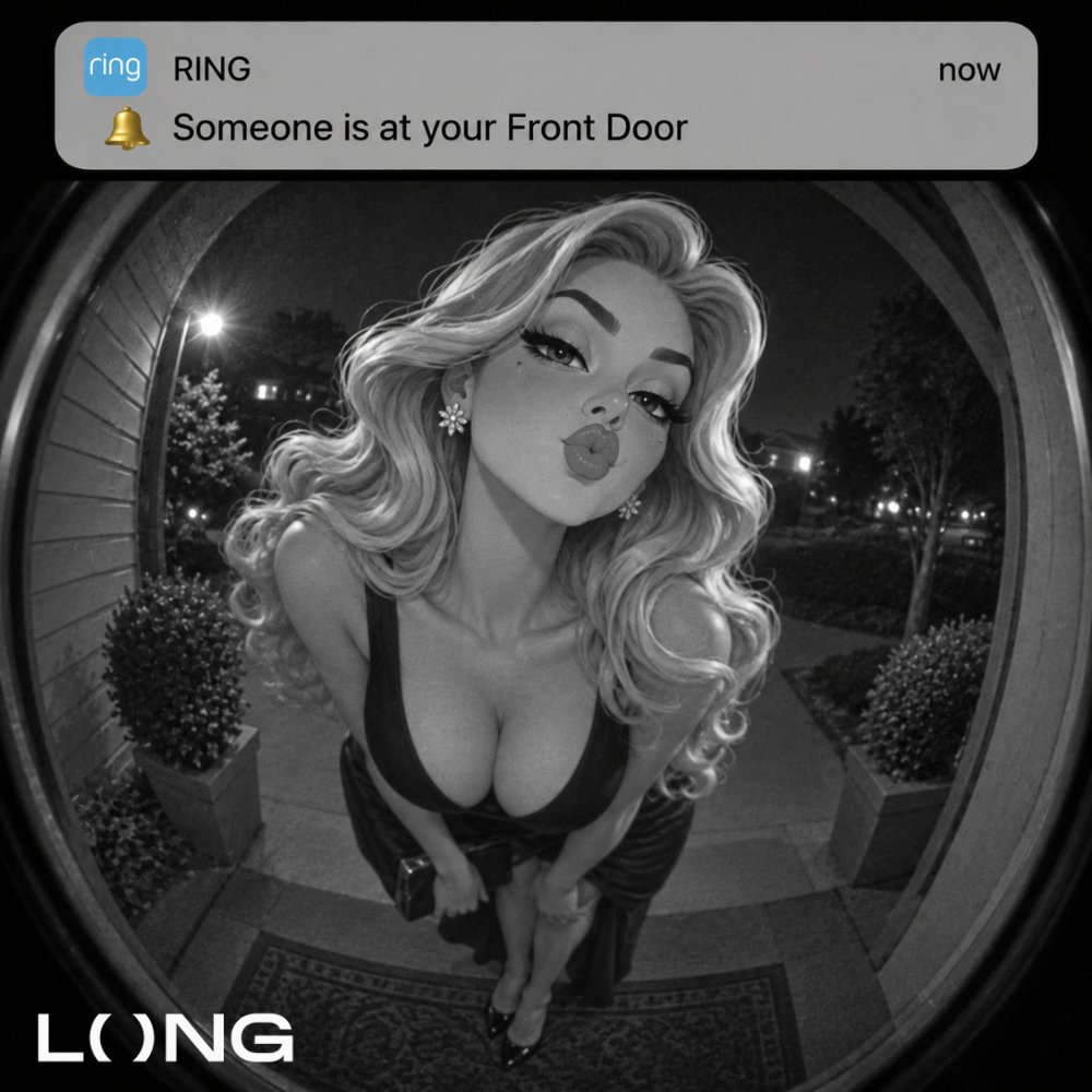 A doorbell camera shows a woman at the door beneath a Ring notification.