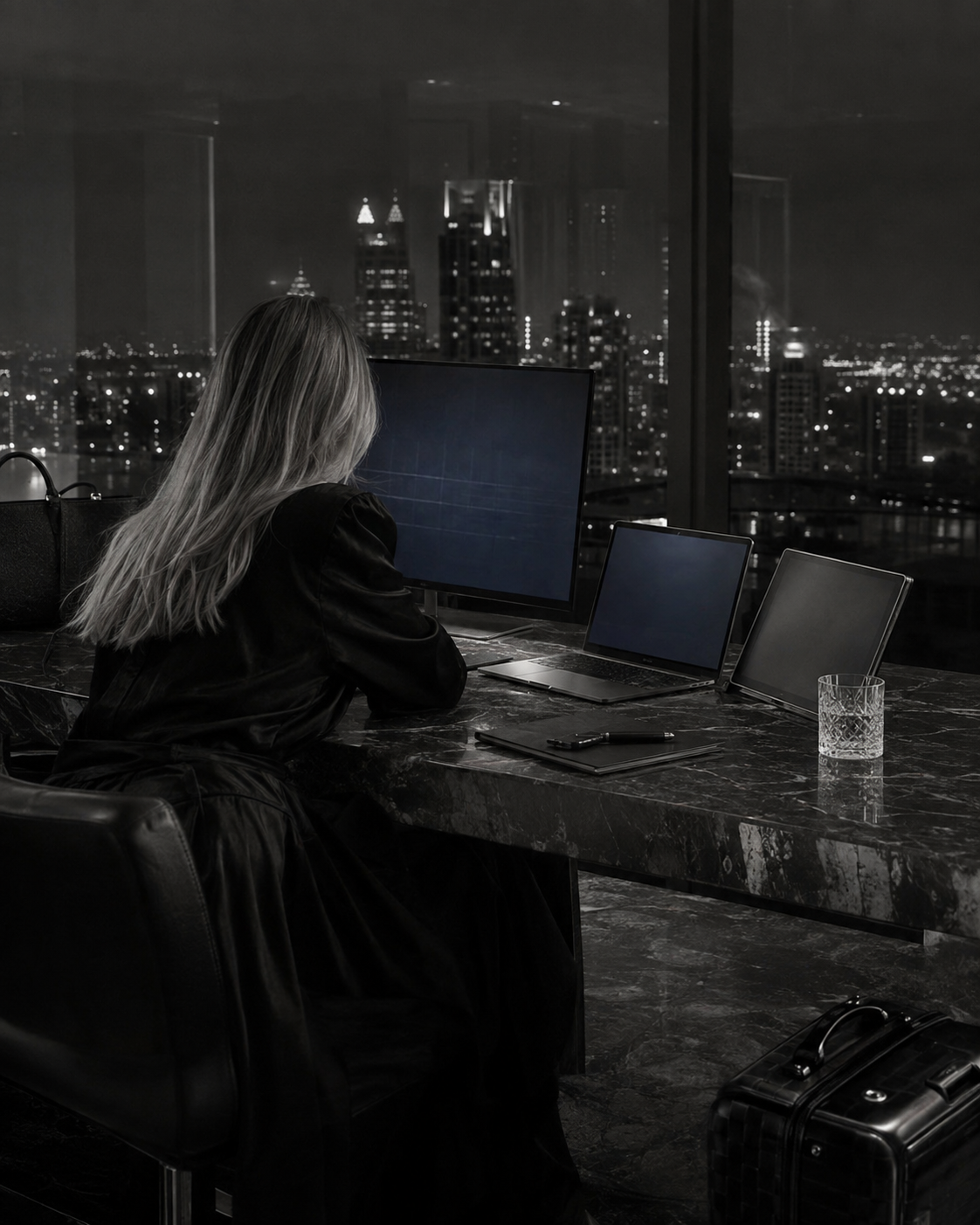 Adell sits above the city with three screens on a marble desk.