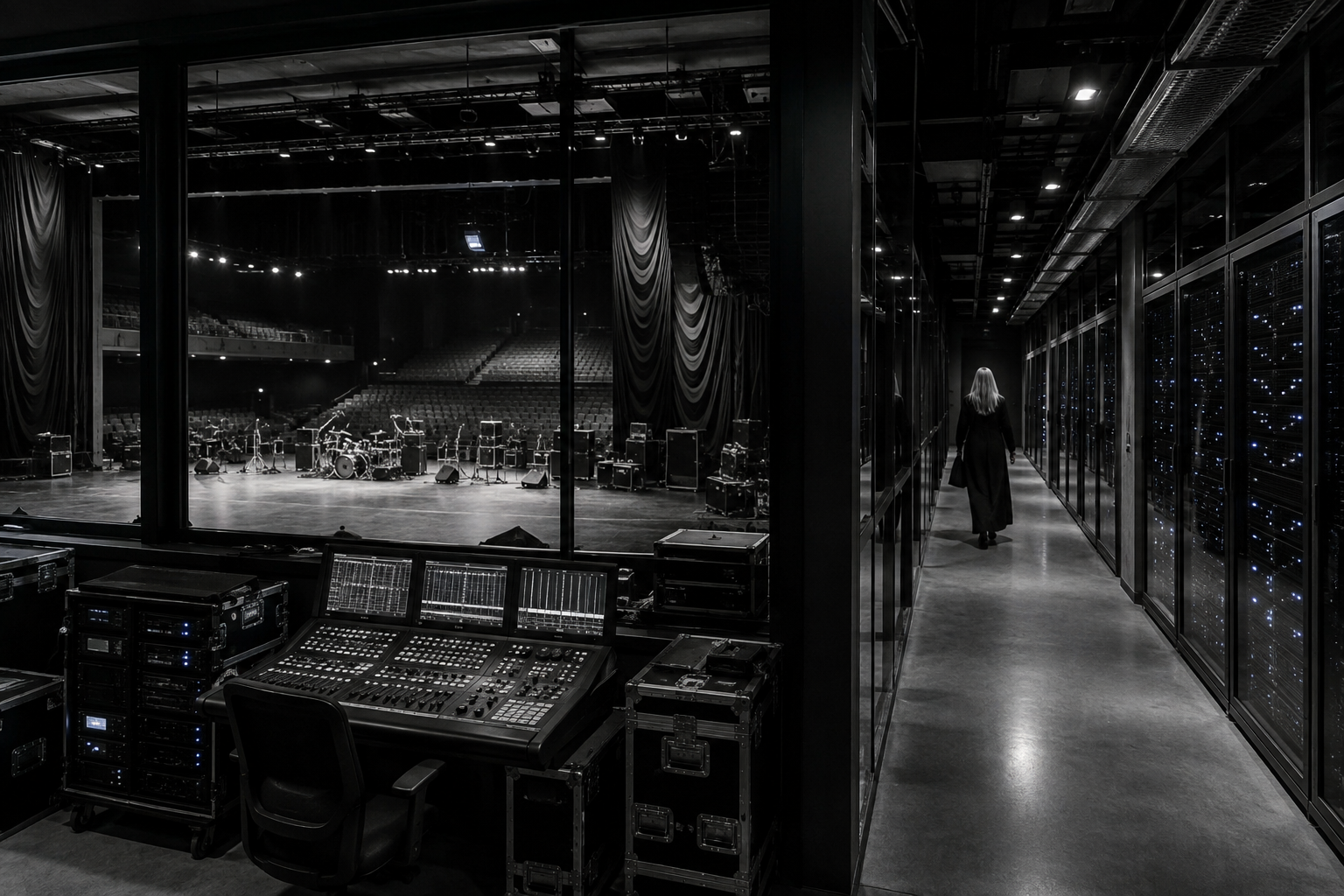 A theater, control room, and server corridor continue far into the building.